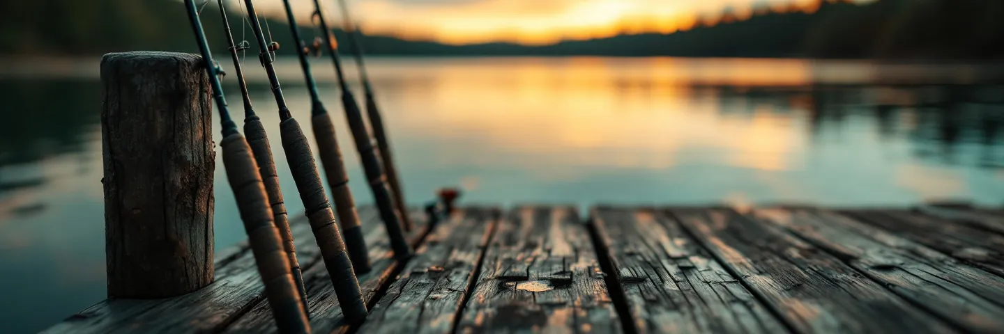 Mehrere Angelruten lehnen an einem Holzpfosten auf einem Steg am See