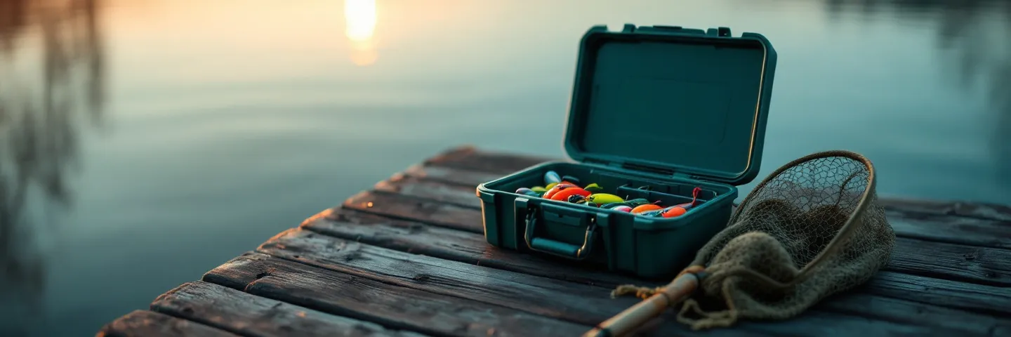 Geöffnete Köderbox mit bunten Kunstködern und ein Kescher auf einem Steg am See