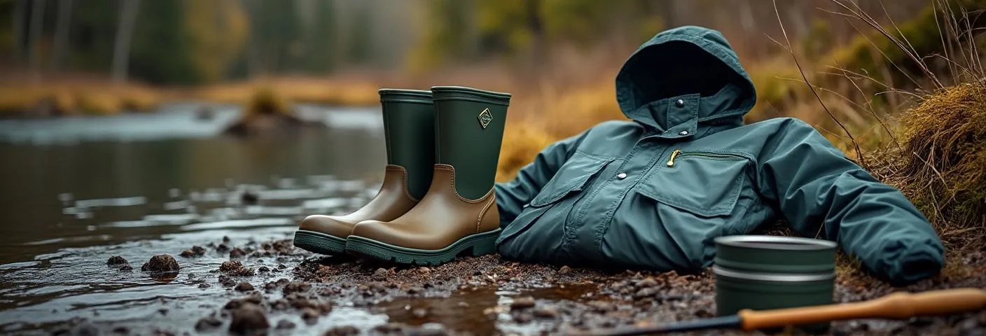 Gummistiefel und Regenjacke am schlammigen Flussufer