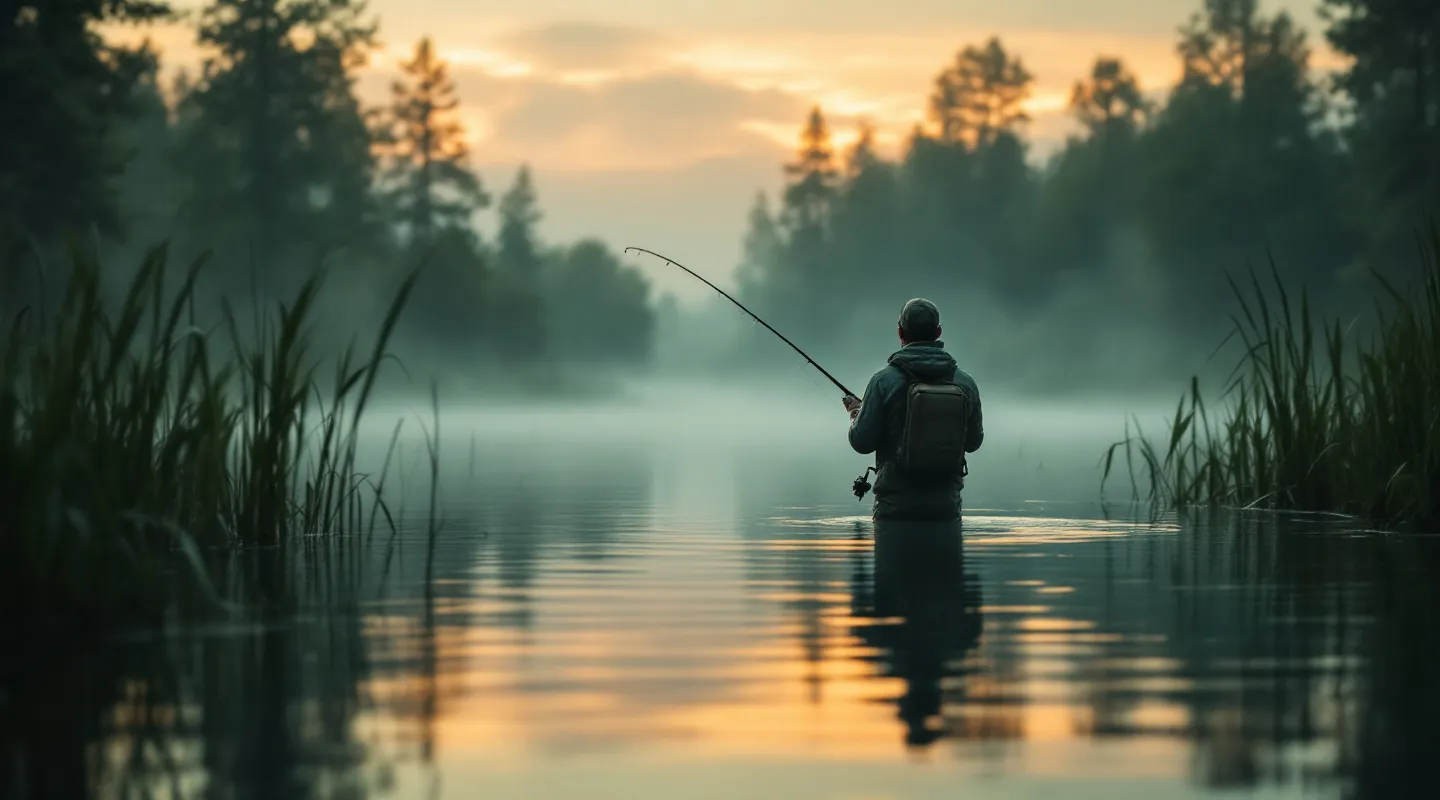 Angler steht bei Sonnenaufgang im Nebel knietief im See und wirft seine Rute aus