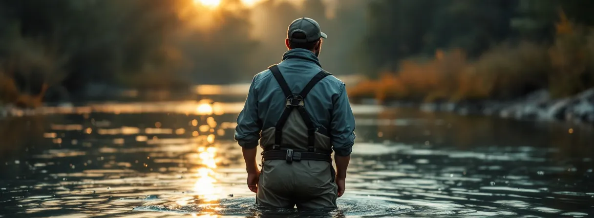 Angler in Brustwathose mit Watgürtel steht bei Sonnenaufgang im Fluss, Rückansicht