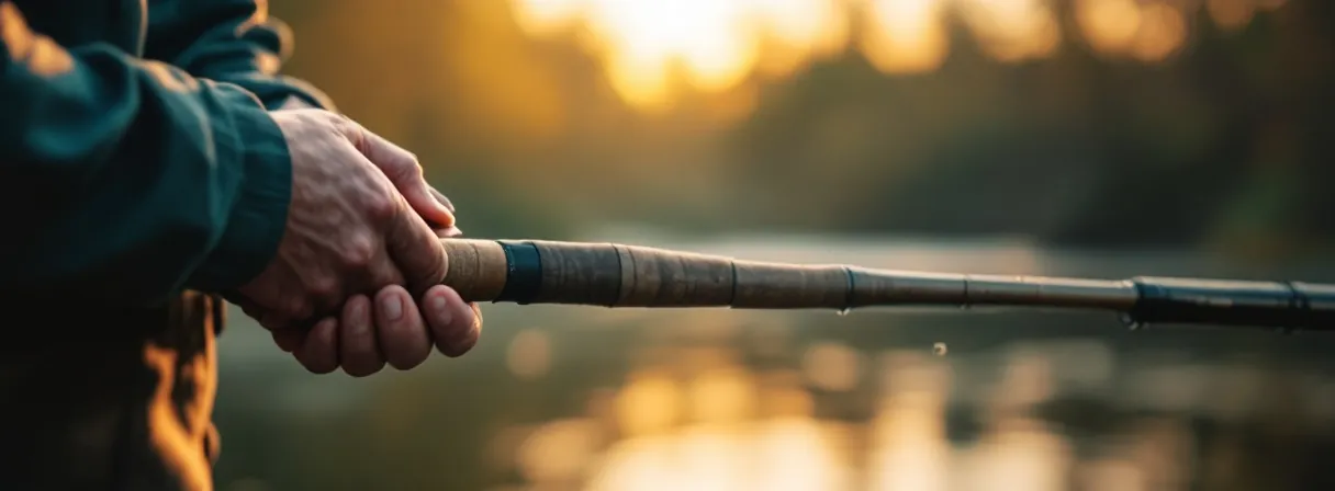 Hände eines Anglers am Griff einer Angelrute vor einem Fluss im Gegenlicht