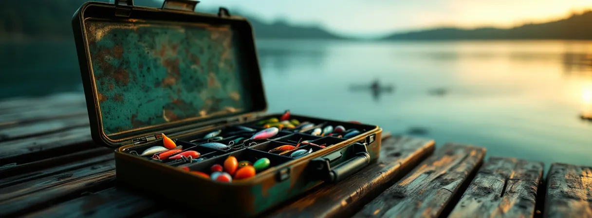 Geöffnete Köderbox mit sortierten Fächern auf einem Steg am See