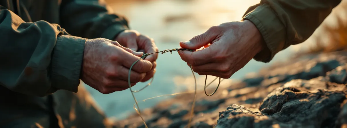 Hände eines Anglers entwirren am Seeufer ein Knäuel aus Angelschnur